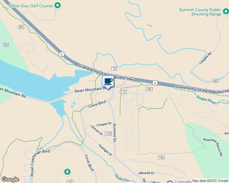 map of restaurants, bars, coffee shops, grocery stores, and more near 100 Cove Boulevard in Dillon