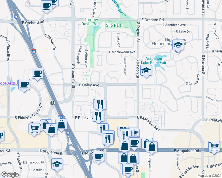 map of restaurants, bars, coffee shops, grocery stores, and more near 9350 East Caley Avenue in Englewood