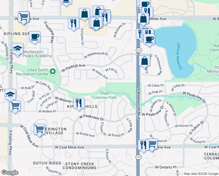 map of restaurants, bars, coffee shops, grocery stores, and more near 6357 South Estes Street in Littleton