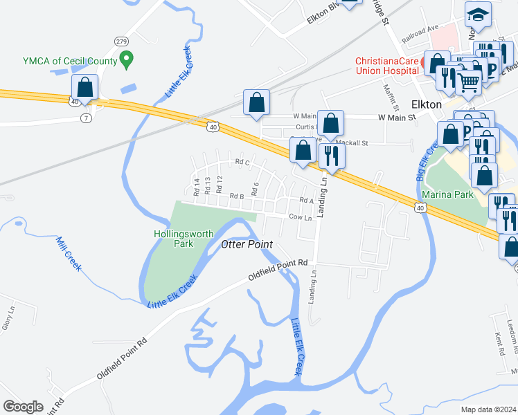 map of restaurants, bars, coffee shops, grocery stores, and more near 123 Hollingsworth Manor in Elkton