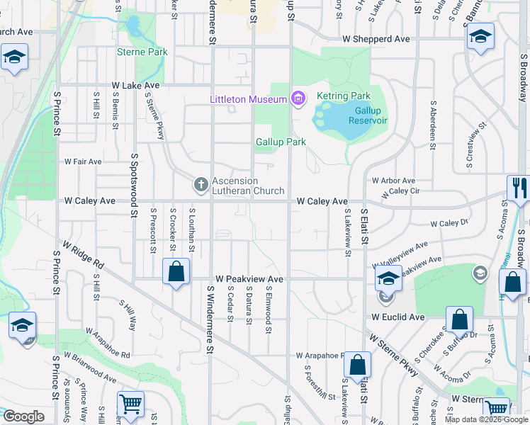 map of restaurants, bars, coffee shops, grocery stores, and more near 1300 West Caley Avenue in Littleton