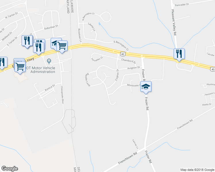map of restaurants, bars, coffee shops, grocery stores, and more near 22 Cognac Drive in Newark