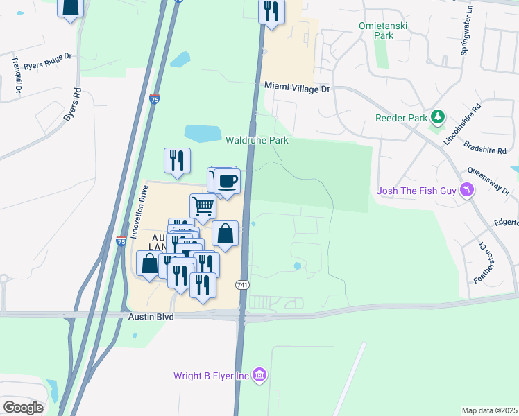 map of restaurants, bars, coffee shops, grocery stores, and more near 2941 Taos Drive in Miamisburg