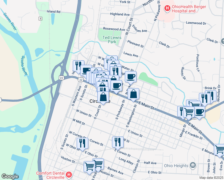 map of restaurants, bars, coffee shops, grocery stores, and more near 135 East Main Street in Circleville