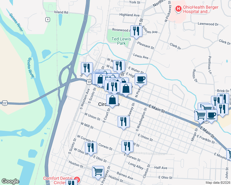 map of restaurants, bars, coffee shops, grocery stores, and more near Ohio 188 in Circleville