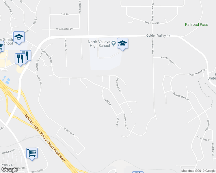 map of restaurants, bars, coffee shops, grocery stores, and more near 7615 Creek Canyon Drive in Reno