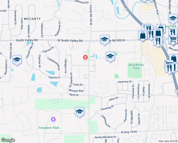 map of restaurants, bars, coffee shops, grocery stores, and more near Ashford Lane in Greenwood