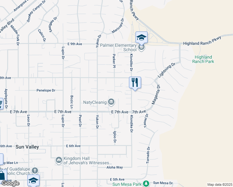 map of restaurants, bars, coffee shops, grocery stores, and more near 5760 Parker Place in Sun Valley