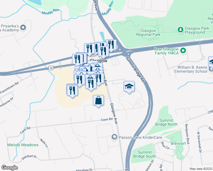 map of restaurants, bars, coffee shops, grocery stores, and more near 2450 Glasgow Avenue in Newark