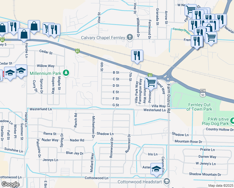 map of restaurants, bars, coffee shops, grocery stores, and more near 807 E Street in Fernley