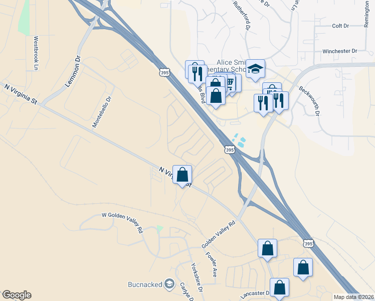 map of restaurants, bars, coffee shops, grocery stores, and more near 77 Jade Street in Reno