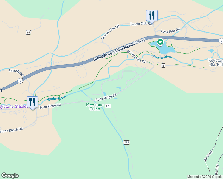 map of restaurants, bars, coffee shops, grocery stores, and more near 1937 Soda Ridge Road in Keystone