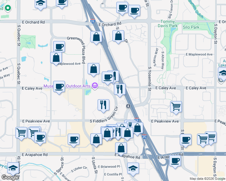 map of restaurants, bars, coffee shops, grocery stores, and more near 6370 South Fiddlers Green Circle in Englewood