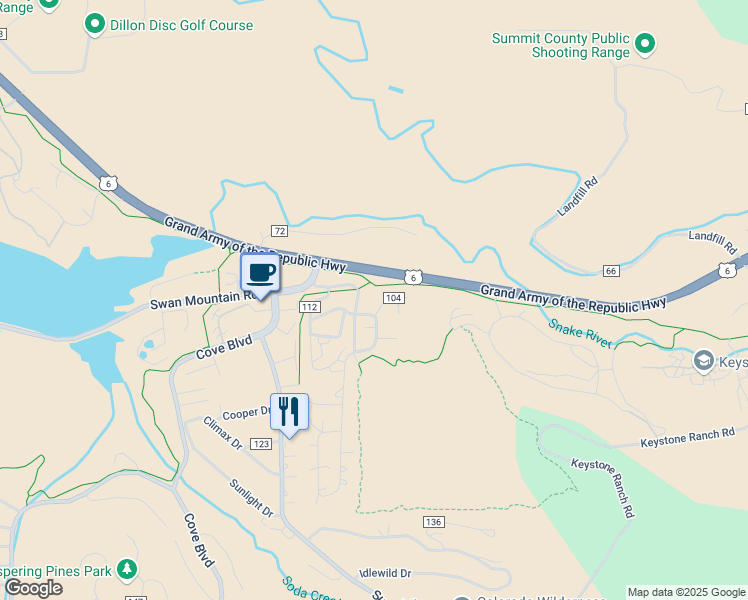 map of restaurants, bars, coffee shops, grocery stores, and more near 106 County Road 102 in Dillon