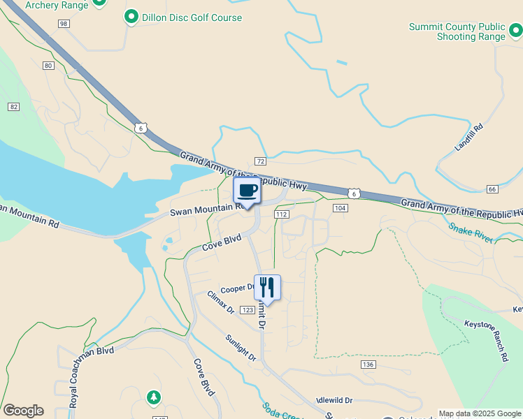map of restaurants, bars, coffee shops, grocery stores, and more near 100 Cove Boulevard in Dillon