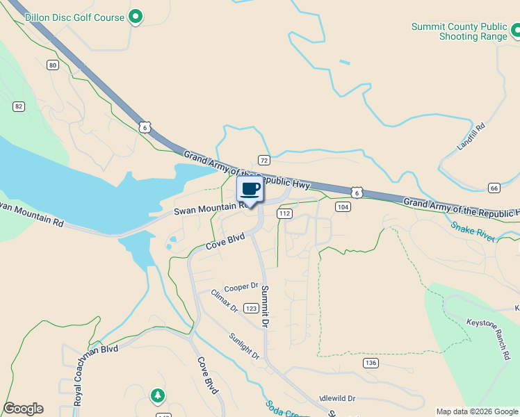 map of restaurants, bars, coffee shops, grocery stores, and more near 100 Cove Boulevard in Dillon