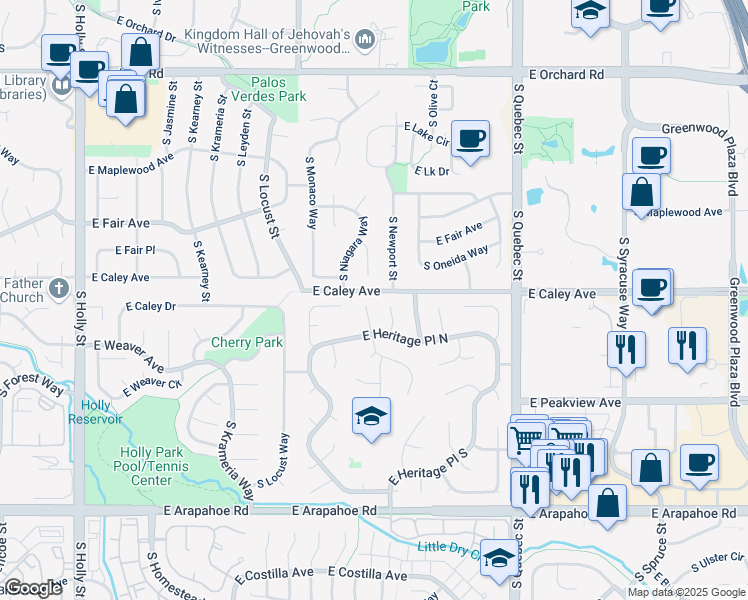 map of restaurants, bars, coffee shops, grocery stores, and more near 6359 South Oneida Court in Centennial