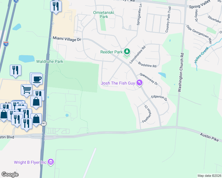 map of restaurants, bars, coffee shops, grocery stores, and more near 10195 Forestedge Lane in Miamisburg