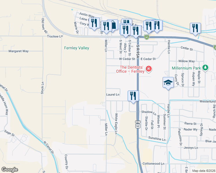 map of restaurants, bars, coffee shops, grocery stores, and more near 342 Laurel Lane in Fernley