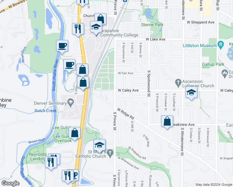 map of restaurants, bars, coffee shops, grocery stores, and more near 6334 South Prince Street in Littleton