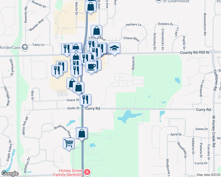 map of restaurants, bars, coffee shops, grocery stores, and more near 1631 Lacebark Drive in Greenwood