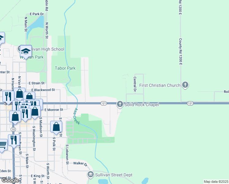 map of restaurants, bars, coffee shops, grocery stores, and more near in Moultrie County