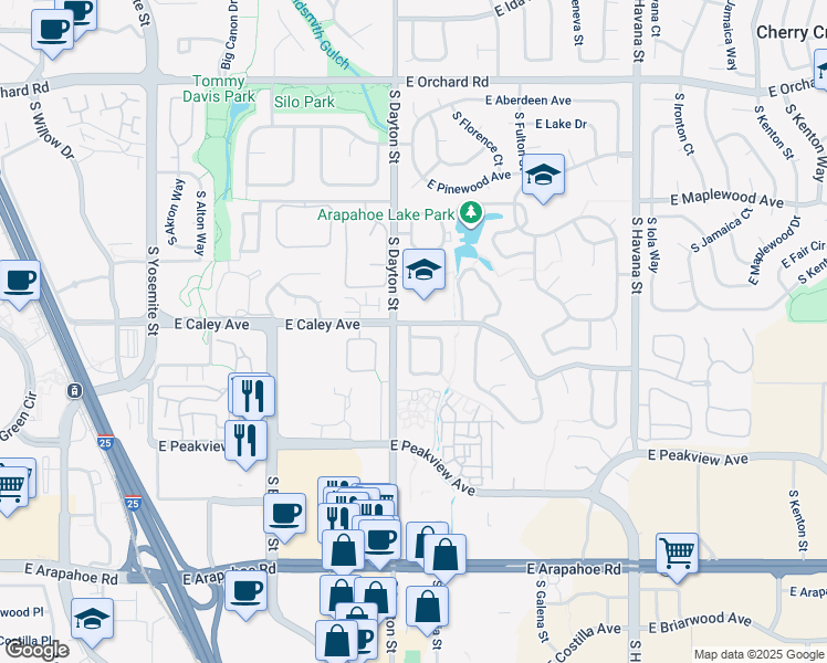 map of restaurants, bars, coffee shops, grocery stores, and more near 6398 South Emporia Circle in Englewood