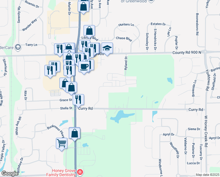 map of restaurants, bars, coffee shops, grocery stores, and more near 1597 Lacebark Drive in Greenwood