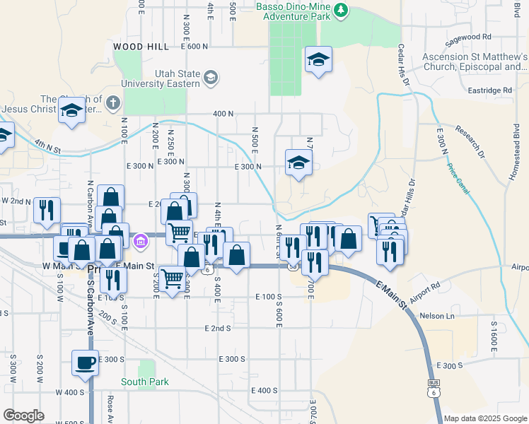 map of restaurants, bars, coffee shops, grocery stores, and more near 545 East 100 North in Price