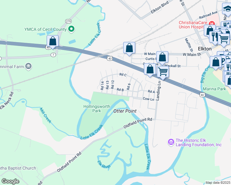 map of restaurants, bars, coffee shops, grocery stores, and more near 206 Hollingsworth Manor in Elkton