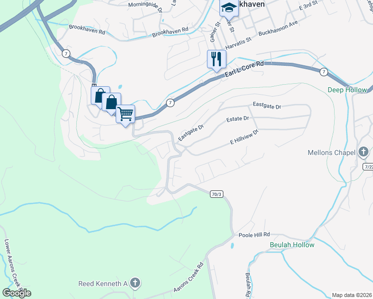 map of restaurants, bars, coffee shops, grocery stores, and more near 170 E Hillview Dr in Morgantown