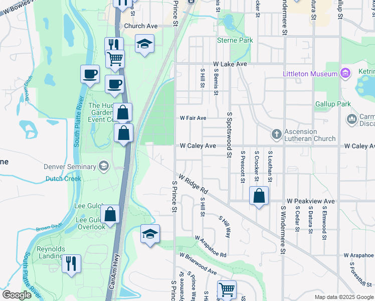 map of restaurants, bars, coffee shops, grocery stores, and more near 2277 West Caley Place in Littleton