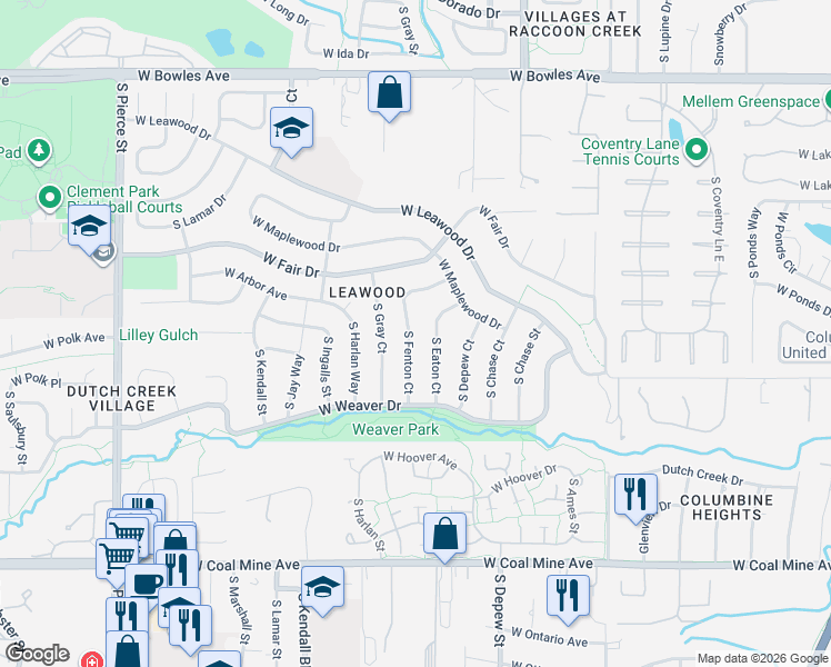 map of restaurants, bars, coffee shops, grocery stores, and more near 6319 South Fenton Court in Littleton