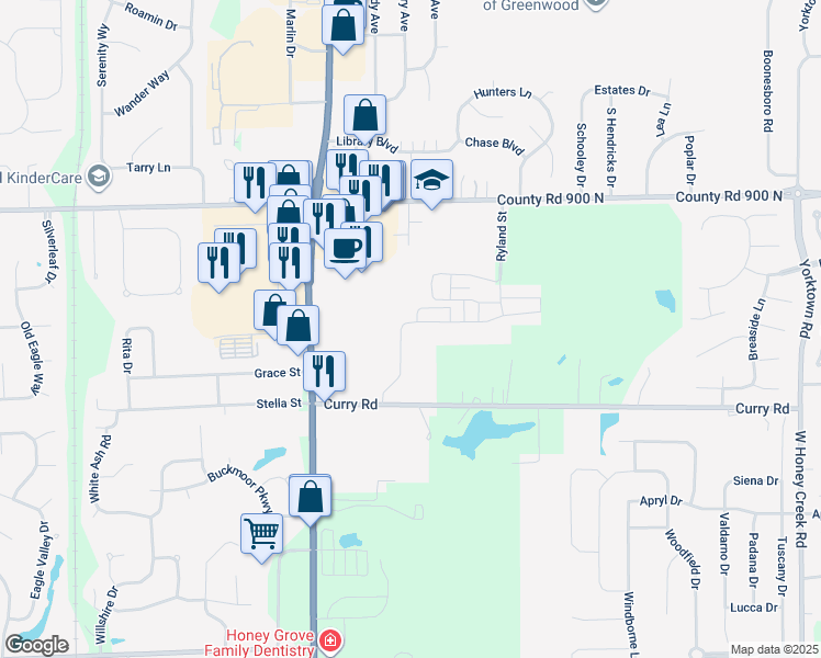 map of restaurants, bars, coffee shops, grocery stores, and more near 1630 Lacebark Drive in Greenwood