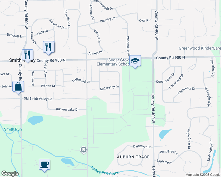 map of restaurants, bars, coffee shops, grocery stores, and more near 4327 Mahogany Drive in Greenwood