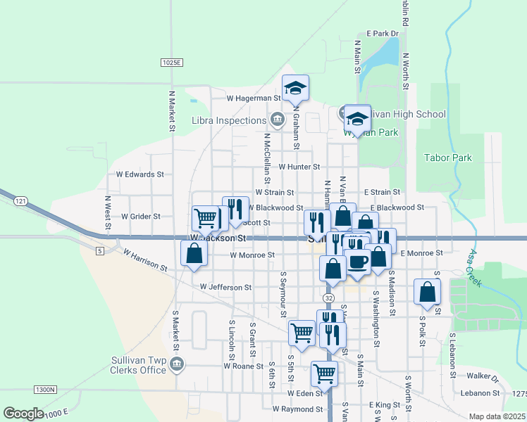 map of restaurants, bars, coffee shops, grocery stores, and more near North Grant Street in Sullivan