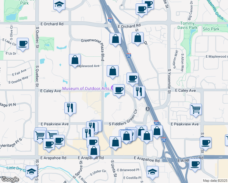 map of restaurants, bars, coffee shops, grocery stores, and more near 6312 South Fiddlers Green Circle in Greenwood Village
