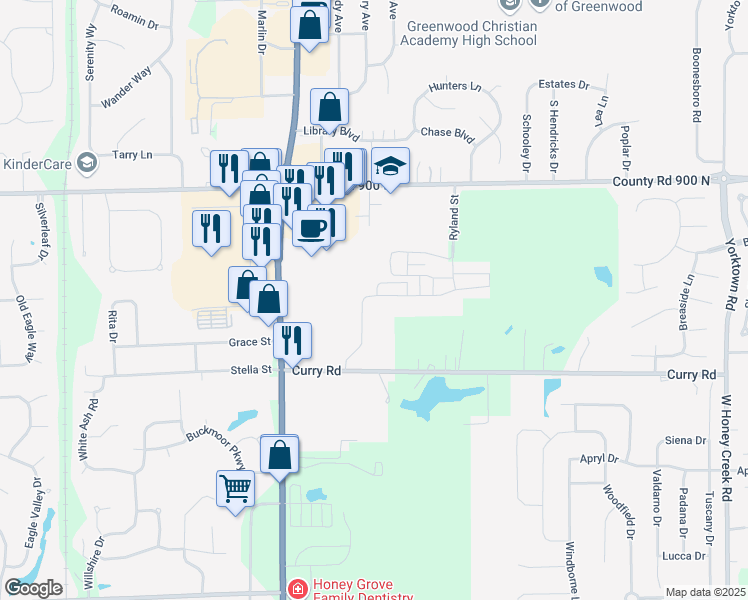 map of restaurants, bars, coffee shops, grocery stores, and more near 1630 Lacebark Drive in Greenwood