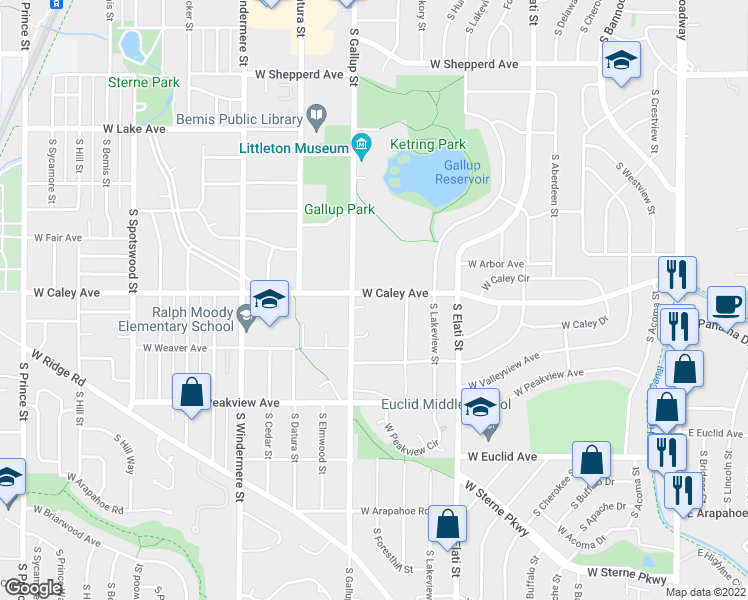 map of restaurants, bars, coffee shops, grocery stores, and more near 6358 South Gallup Place in Littleton