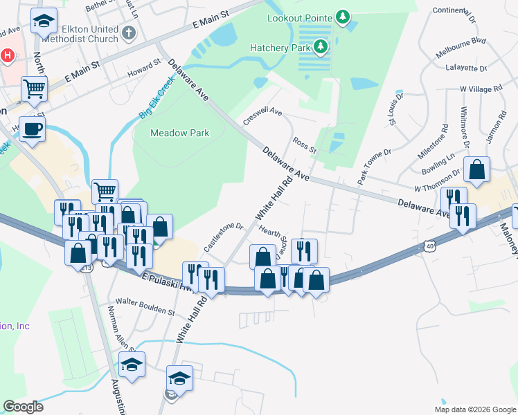 map of restaurants, bars, coffee shops, grocery stores, and more near 111 White Hall Road in Elkton