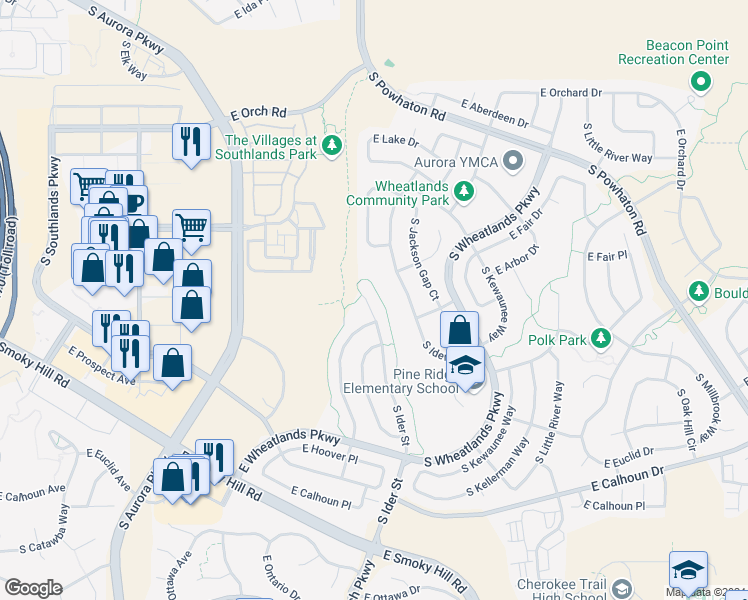 map of restaurants, bars, coffee shops, grocery stores, and more near 6300 South Ider Street in Aurora