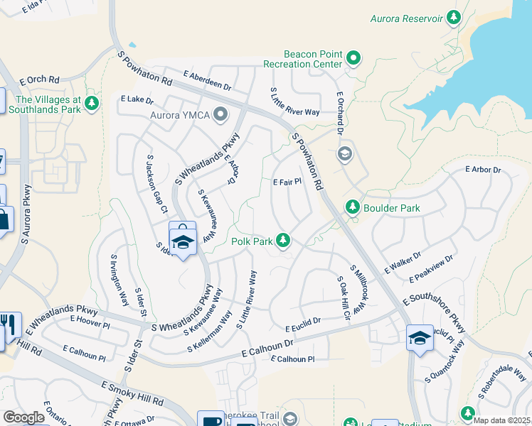 map of restaurants, bars, coffee shops, grocery stores, and more near 6335 South Millbrook Way in Aurora