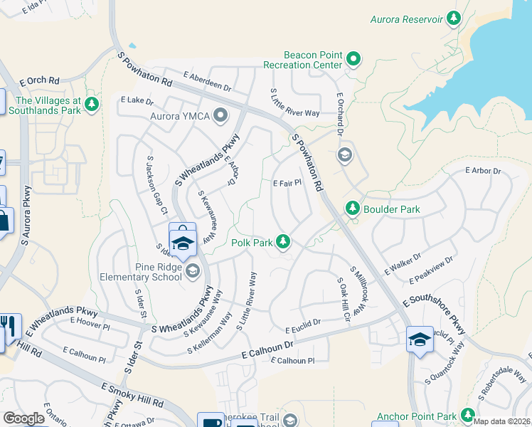 map of restaurants, bars, coffee shops, grocery stores, and more near 6335 South Millbrook Way in Aurora