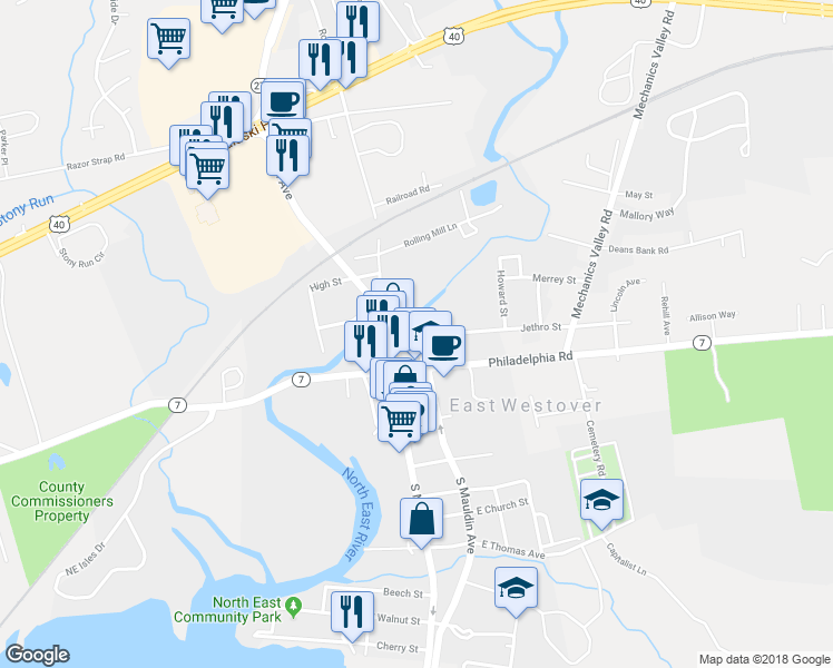 map of restaurants, bars, coffee shops, grocery stores, and more near 5 Mauldin Ave in North East