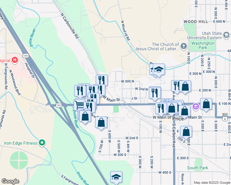 map of restaurants, bars, coffee shops, grocery stores, and more near 135 North 600 West in Price