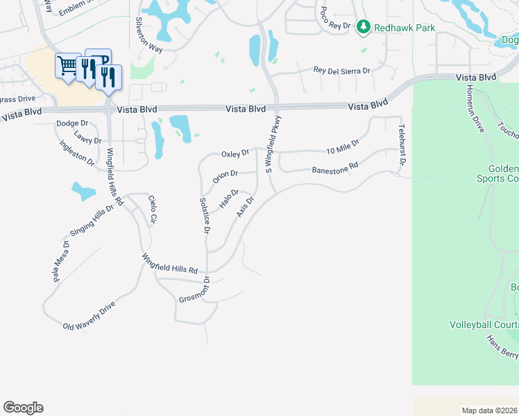 map of restaurants, bars, coffee shops, grocery stores, and more near Wingfield Hills Road in Sparks