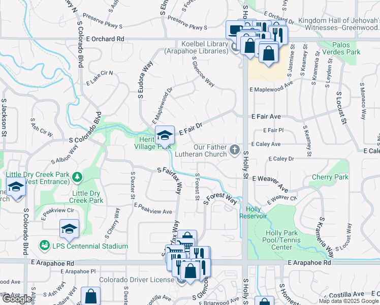 map of restaurants, bars, coffee shops, grocery stores, and more near in Centennial