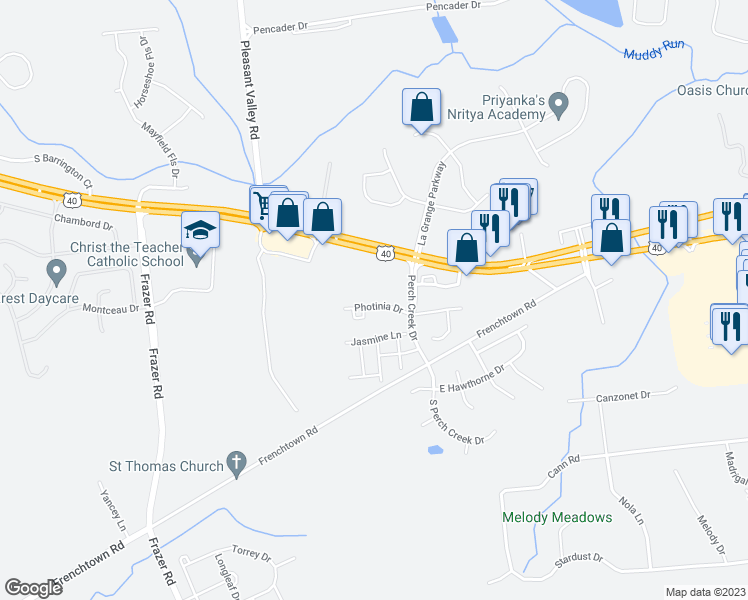 map of restaurants, bars, coffee shops, grocery stores, and more near 22 Photinia Drive in Newark