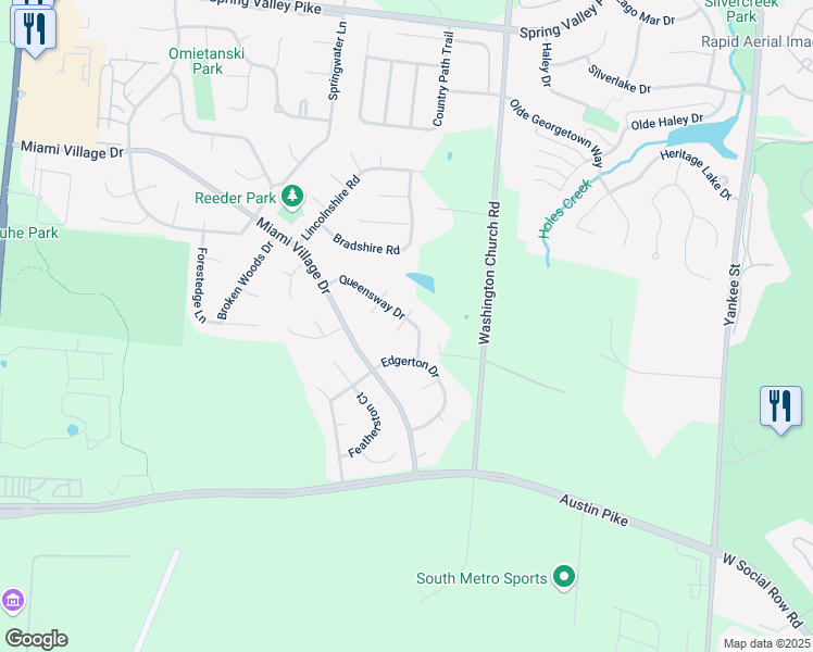 map of restaurants, bars, coffee shops, grocery stores, and more near 2338 Queensway Drive in Miamisburg