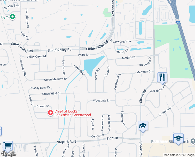 map of restaurants, bars, coffee shops, grocery stores, and more near 1110 Fiesta Drive in Greenwood
